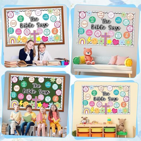 Christian Bulletin Board Decoration Set The Bible Says Bulletin Board Colorful Rainbow Classroom Decorations Inspirational Religious Cross Bible Cutouts for Sunday School VBS Chalkboard Wall Decor in Kuwait