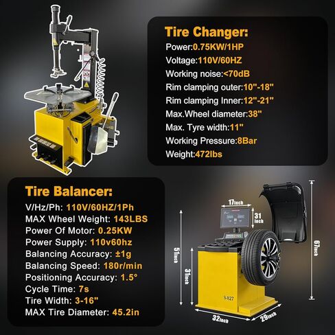 Tire Changer and Automatic Wheel Balancer Combo with 12"-24" Rim Range, 110V Professional Equipment for Auto Shops and Garages in Saudi Arabia