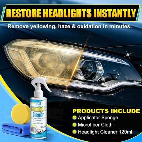 Headlight Cleaner & Restorer Kit – Instant Oxidation, Yellowing & Road Grime Remover – Revives Cloudy Headlamps to Crystal Clear – Includes Sponge & Towel – 5oz/150ml for Cars, Trucks & SUVs in Saudi Arabia