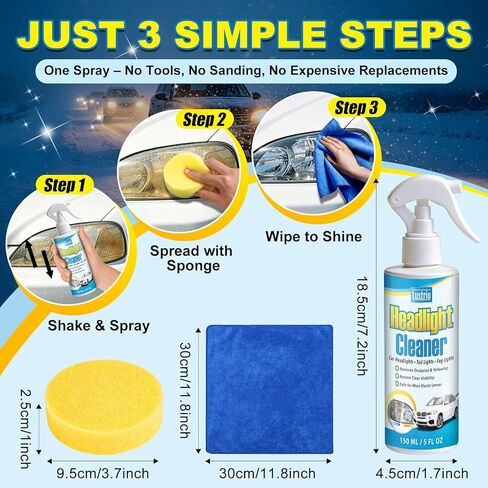 Headlight Cleaner & Restorer Kit – Instant Oxidation, Yellowing & Road Grime Remover – Revives Cloudy Headlamps to Crystal Clear – Includes Sponge & Towel – 5oz/150ml for Cars, Trucks & SUVs in Saudi Arabia