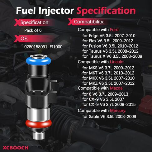 Fuel Injectors Set of 6 Compatible with Ford for Edge Flex Fusion Taurus X, for Lincoln for MKS MKT MKX MKZ, for Mazda for 6 CX-9, for Mercury for Sable, Replace 0280158091 FJ1000 in Saudi Arabia