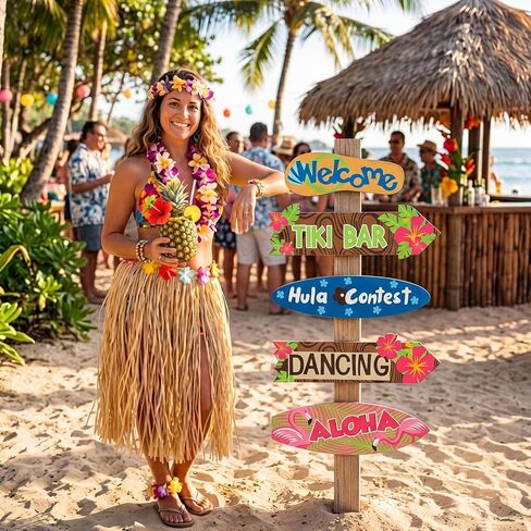 RattanView 5 Pcs Luau Party Decorations Hawaiian Welcome Aloha Wooden Sign Summer Tropical Themed Directional Signs Birthday Party Decorations for Tiki Aloha Beach Island Summer Themed Parties in Kuwait