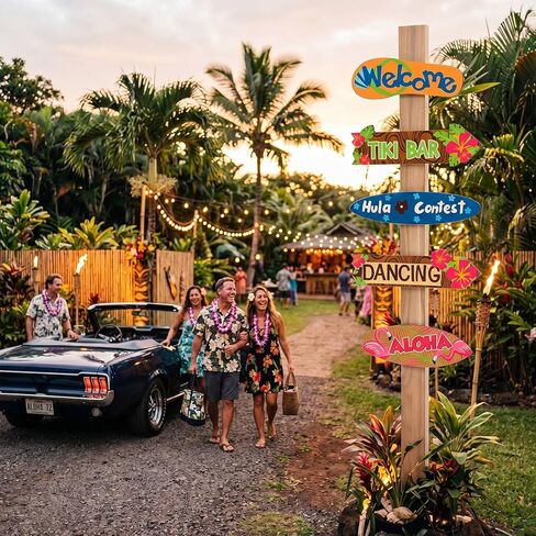 RattanView 5 Pcs Luau Party Decorations Hawaiian Welcome Aloha Wooden Sign Summer Tropical Themed Directional Signs Birthday Party Decorations for Tiki Aloha Beach Island Summer Themed Parties in Kuwait