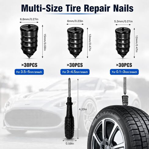 91 PCS Tire Screw Plug Repair Kit, 3 Sizes Rubber Tire Repair Screws with Screwdriver, Tire Sidewall & Puncture Fix, Quick Self-Service Flat Tire Repair for Car, Truck, Motorcycle, SUV in Saudi Arabia