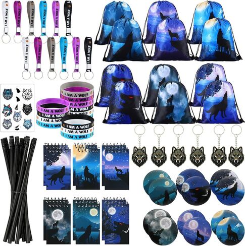 Zhanmai 102 Pcs Wolf Party Favors with Cool Wolf Bags Keychains Button Pins Mini Notebooks Rubber Bracelet Galaxy Pencils for Themed Birthday Party Baby Shower Holiday in Kuwait