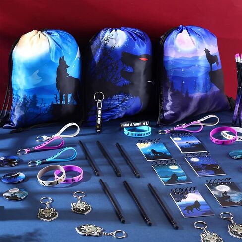 Zhanmai 102 Pcs Wolf Party Favors with Cool Wolf Bags Keychains Button Pins Mini Notebooks Rubber Bracelet Galaxy Pencils for Themed Birthday Party Baby Shower Holiday in Kuwait