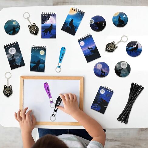 Zhanmai 102 Pcs Wolf Party Favors with Cool Wolf Bags Keychains Button Pins Mini Notebooks Rubber Bracelet Galaxy Pencils for Themed Birthday Party Baby Shower Holiday in Kuwait