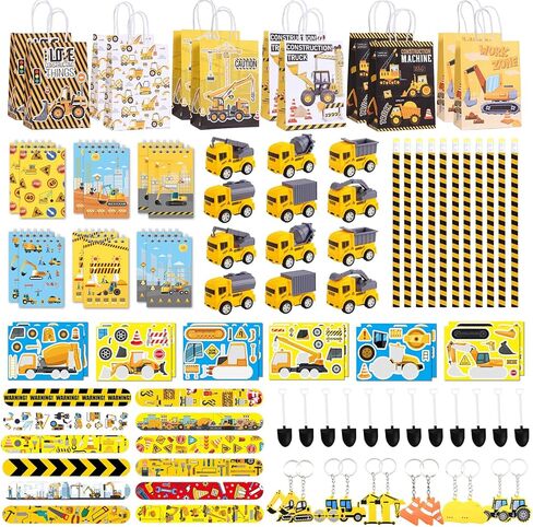 Halema 96pcs Construction Birthday Party Supplies, Construction Party Favors For Kids Mini Excavator Truck Keychain Slap Bracelet Sticker Construction Themed Party Favors Bags Available For 12 People in Saudi Arabia