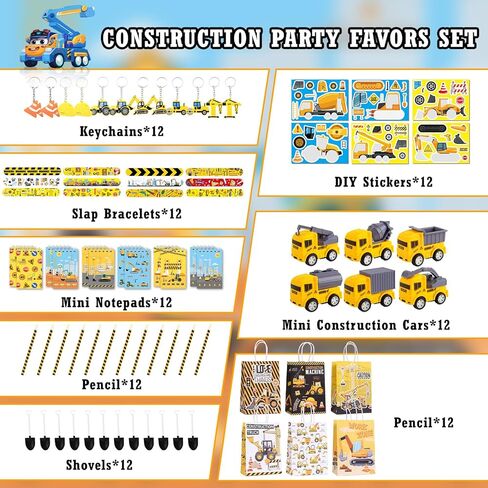 Halema 96pcs Construction Birthday Party Supplies, Construction Party Favors For Kids Mini Excavator Truck Keychain Slap Bracelet Sticker Construction Themed Party Favors Bags Available For 12 People in Saudi Arabia