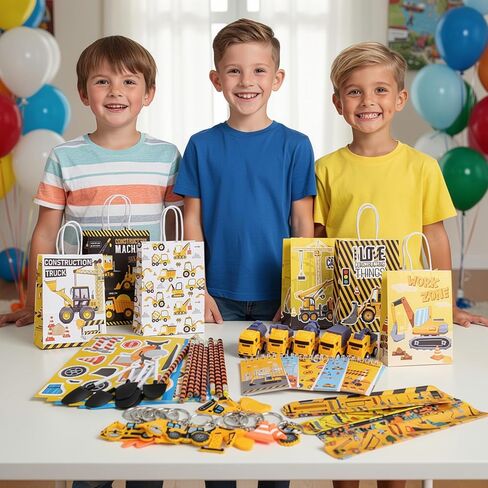 Halema 96pcs Construction Birthday Party Supplies, Construction Party Favors For Kids Mini Excavator Truck Keychain Slap Bracelet Sticker Construction Themed Party Favors Bags Available For 12 People in Saudi Arabia