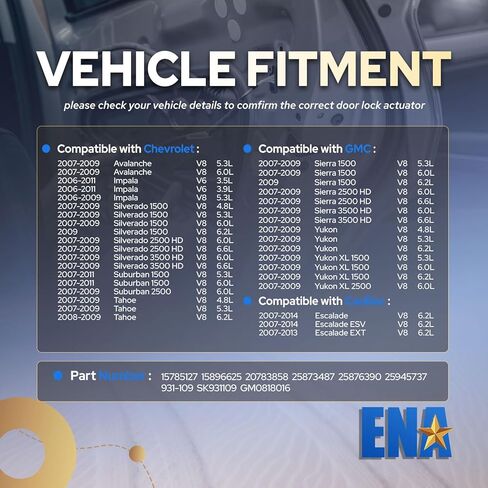 ENA Power Door Lock مزلاج المحرك الخلفي الأيمن للركاب متوافق مع Chevy Silverado 1500 2500 3500 HD GMC Yukon XL 1500 2500 Cadillac Escalade ESV 2006-2014 لاستبدال 931109 15785127 in Kuwait