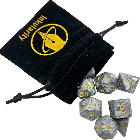 11-piece RPG Dice Set + Velvet Bag – Gold Text Acrylic with Marble Swirl Texture – Includes D4, D6, D8, D10, D12, D20, Percentile die (White) in Kuwait
