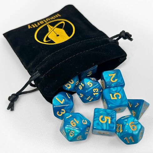 11-piece RPG Dice Set + Velvet Bag – Gold Text Acrylic with Marble Swirl Texture – Includes D4, D6, D8, D10, D12, D20, Percentile die (White) in Kuwait