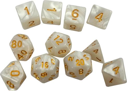 11-piece RPG Dice Set + Velvet Bag – Gold Text Acrylic with Marble Swirl Texture – Includes D4, D6, D8, D10, D12, D20, Percentile die (White) in Kuwait
