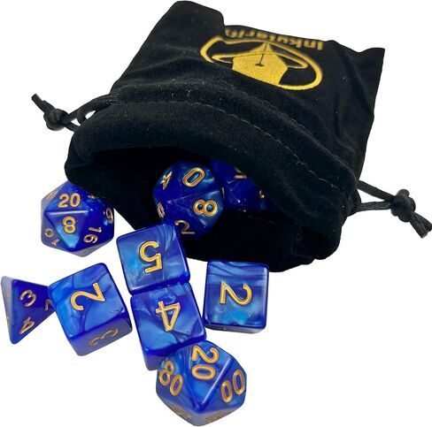11-piece RPG Dice Set + Velvet Bag – Gold Text Acrylic with Marble Swirl Texture – Includes D4, D6, D8, D10, D12, D20, Percentile die (White) in Kuwait