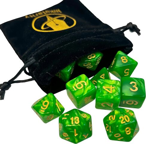 11-piece RPG Dice Set + Velvet Bag – Gold Text Acrylic with Marble Swirl Texture – Includes D4, D6, D8, D10, D12, D20, Percentile die (White) in Kuwait
