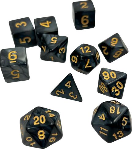 11-piece RPG Dice Set + Velvet Bag – Gold Text Acrylic with Marble Swirl Texture – Includes D4, D6, D8, D10, D12, D20, Percentile die (White) in Kuwait