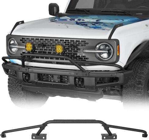 واقي الفرشاة من Hooke Road Bronco Bumper Bull Bar لـ 2021-2026 Ford Bronco (فقط للطرز ذات المصد الأمامي الفولاذي المعياري في المصنع)، واقي الشبكة مع حامل قضيب الضوء in Kuwait