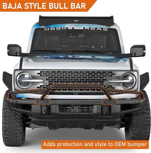 واقي الفرشاة من Hooke Road Bronco Bumper Bull Bar لـ 2021-2026 Ford Bronco (فقط للطرز ذات المصد الأمامي الفولاذي المعياري في المصنع)، واقي الشبكة مع حامل قضيب الضوء in Kuwait