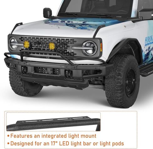 واقي الفرشاة من Hooke Road Bronco Bumper Bull Bar لـ 2021-2026 Ford Bronco (فقط للطرز ذات المصد الأمامي الفولاذي المعياري في المصنع)، واقي الشبكة مع حامل قضيب الضوء in Kuwait