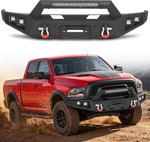 المصد الأمامي للطرق الوعرة MONOKING لـ 2015-2018 Ram 1500 Rebel، مصد ونش فولاذي شديد التحمل مع شريط إضاءة LED 144 وات وحلقات على شكل حرف D، أسود محكم (باستثناء الطرز غير المتمردة) in Kuwait