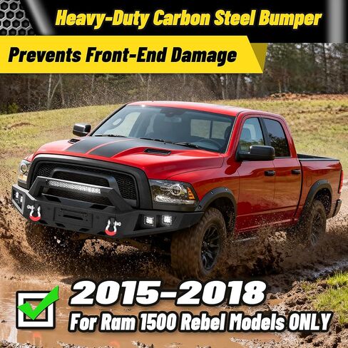 المصد الأمامي للطرق الوعرة MONOKING لـ 2015-2018 Ram 1500 Rebel، مصد ونش فولاذي شديد التحمل مع شريط إضاءة LED 144 وات وحلقات على شكل حرف D، أسود محكم (باستثناء الطرز غير المتمردة) in Kuwait