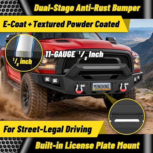 المصد الأمامي للطرق الوعرة MONOKING لـ 2015-2018 Ram 1500 Rebel، مصد ونش فولاذي شديد التحمل مع شريط إضاءة LED 144 وات وحلقات على شكل حرف D، أسود محكم (باستثناء الطرز غير المتمردة) in Kuwait