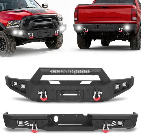 المصد الأمامي للطرق الوعرة MONOKING لـ 2015-2018 Ram 1500 Rebel، مصد ونش فولاذي شديد التحمل مع شريط إضاءة LED 144 وات وحلقات على شكل حرف D، أسود محكم (باستثناء الطرز غير المتمردة) in Kuwait