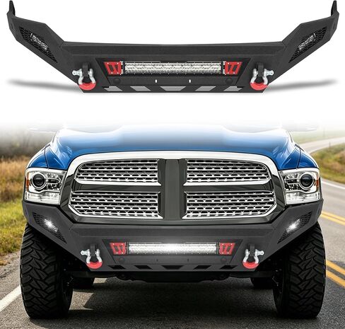 المصد الأمامي للطرق الوعرة MONOKING لـ 2015-2018 Ram 1500 Rebel، مصد ونش فولاذي شديد التحمل مع شريط إضاءة LED 144 وات وحلقات على شكل حرف D، أسود محكم (باستثناء الطرز غير المتمردة) in Kuwait