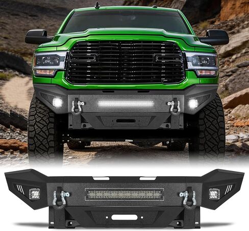 المصد الأمامي للطرق الوعرة MONOKING لـ 2015-2018 Ram 1500 Rebel، مصد ونش فولاذي شديد التحمل مع شريط إضاءة LED 144 وات وحلقات على شكل حرف D، أسود محكم (باستثناء الطرز غير المتمردة) in Kuwait