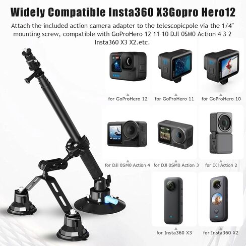 Triple Suction Cup 360 Camera Car Mount ، مع 2in1 تمديد عمود/عصا شخصية ، تركيب كاميرا كأس الشفط القوية ، مع محول كاميرا Action متوافق مع INSTA360 ، متوافق مع GOPRO ، CA065 متوافق in Kuwait