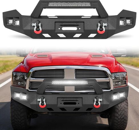 المصد الأمامي للطرق الوعرة MONOKING لـ 2015-2018 Ram 1500 Rebel، مصد ونش فولاذي شديد التحمل مع شريط إضاءة LED 144 وات وحلقات على شكل حرف D، أسود محكم (باستثناء الطرز غير المتمردة) in Kuwait