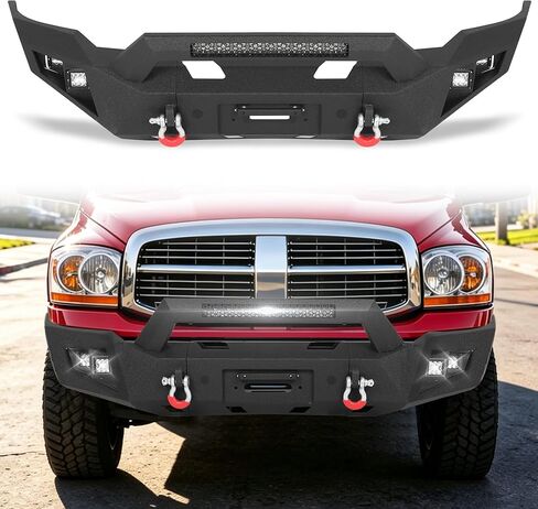 المصد الأمامي للطرق الوعرة MONOKING لـ 2015-2018 Ram 1500 Rebel، مصد ونش فولاذي شديد التحمل مع شريط إضاءة LED 144 وات وحلقات على شكل حرف D، أسود محكم (باستثناء الطرز غير المتمردة) in Kuwait