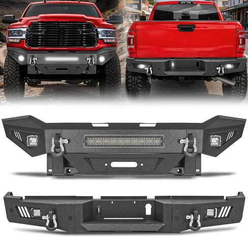 المصد الأمامي للطرق الوعرة MONOKING لـ 2015-2018 Ram 1500 Rebel، مصد ونش فولاذي شديد التحمل مع شريط إضاءة LED 144 وات وحلقات على شكل حرف D، أسود محكم (باستثناء الطرز غير المتمردة) in Kuwait