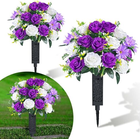 2 Sets Artificial Cemetery Flowers for Grave with Vase, Realistic Grave Flowers for Cemetery, Full & UV Resistant Memorial Day Flowers with Rose Flowers for Cemetery Grave Decor(Purple White) in Saudi Arabia