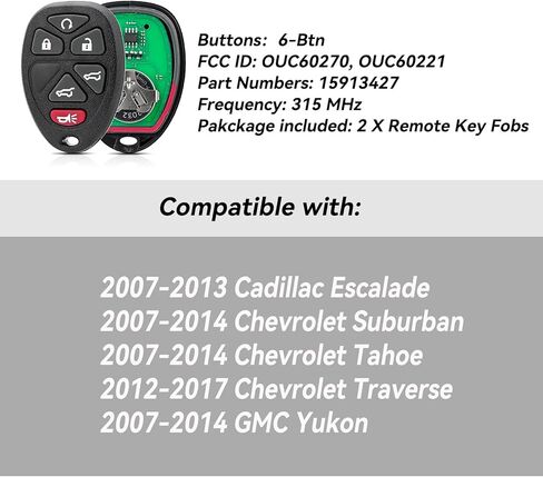 Car Key Remote Key Fob For 2007-2014 GMC Yukon , 2007-2013 Cadillac Escalade, Chevy Suburban Tahoe Traverse Keyless Entry Remote Key OUC60270, OUC60221,15913427 (Pack of 2) in Saudi Arabia
