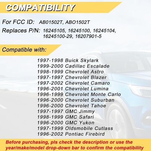 Vurkcy Key Fob Replacement for 1996-2000 Chevy Suburban Tahoe GMC Yukon/ 97-02 Camaro/Skylark Escalade Camaro Monte Carlo Car Keyless Entry Remote Control, AB01502T ABO1502T, 4-Btn, 2Pcs in Kuwait