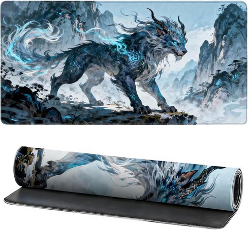 Chinese Beast Gaming Mouse Pad, Anime Shanhaijing Extended Desk Mat, Non-Slip Desk Pad with Stitched Edges, Large Keyboard Mat for Home Office, 31.5x15.7 Inch, Iceblue in Saudi Arabia