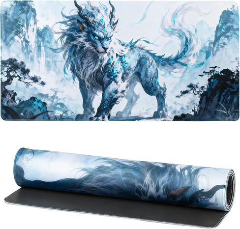 Chinese Beast Gaming Mouse Pad, Anime Shanhaijing Extended Desk Mat, Non-Slip Desk Pad with Stitched Edges, Large Keyboard Mat for Home Office, 31.5x15.7 Inch, Iceblue in Kuwait