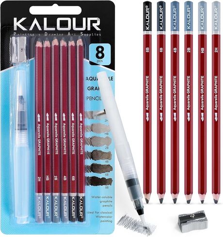 KALOUR PDAS Water-Soluble Graphite Aquarelle Drawing Pencils, 2H HB 2B 4B 6B 8B Grey, Professional Sketching Set with Water Brush and Pencil Sharpener in Saudi Arabia