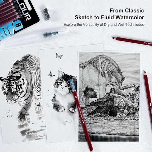 KALOUR PDAS Water-Soluble Graphite Aquarelle Drawing Pencils, 2H HB 2B 4B 6B 8B Grey, Professional Sketching Set with Water Brush and Pencil Sharpener in Saudi Arabia