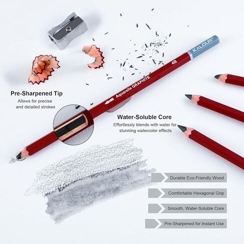 KALOUR PDAS Water-Soluble Graphite Aquarelle Drawing Pencils, 2H HB 2B 4B 6B 8B Grey, Professional Sketching Set with Water Brush and Pencil Sharpener in Saudi Arabia