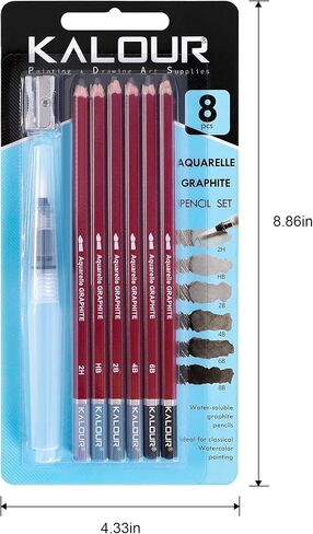 KALOUR PDAS Water-Soluble Graphite Aquarelle Drawing Pencils, 2H HB 2B 4B 6B 8B Grey, Professional Sketching Set with Water Brush and Pencil Sharpener in Saudi Arabia