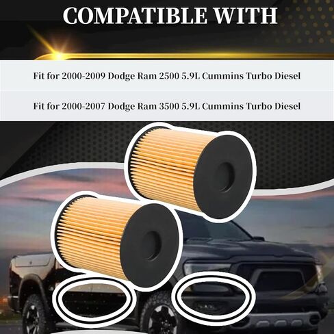 5.9-liter Cummins fuel filter suitable for 2000-2009 Dodge Ram 2500/3500 5.9-liter Cummins turbocharged diesel engine. Replaces: 68001914AA,68001914AB, 5015581AA, 5015581AB, 33585XE in Saudi Arabia