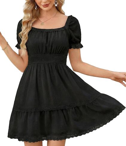Florboom Women's 2026 Summer Boho Puff Sleeve Dresses Swiss Dot A Line Smocked Waist Mini Dress with Pockets in Saudi Arabia