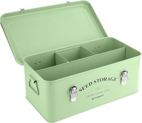 Seed Storage Box Organizer – Green Garden Seeds Tin with Lid, Side Handles, 4 Compartments & Safety Lock – Seed Packet Container for Gardeners – Gardening Gift Idea in Kuwait