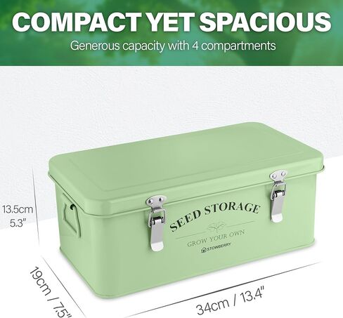Seed Storage Box Organizer – Green Garden Seeds Tin with Lid, Side Handles, 4 Compartments & Safety Lock – Seed Packet Container for Gardeners – Gardening Gift Idea in Kuwait
