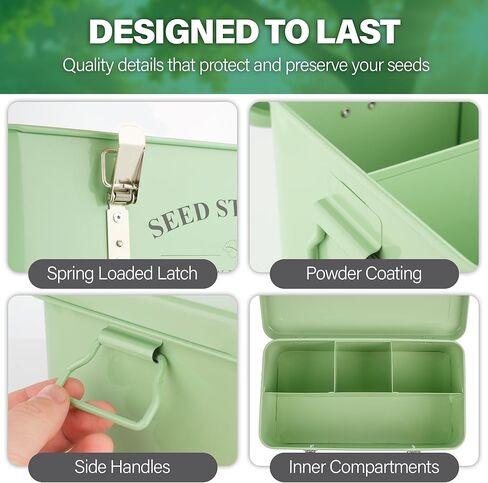 Seed Storage Box Organizer – Green Garden Seeds Tin with Lid, Side Handles, 4 Compartments & Safety Lock – Seed Packet Container for Gardeners – Gardening Gift Idea in Kuwait