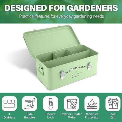 Seed Storage Box Organizer – Green Garden Seeds Tin with Lid, Side Handles, 4 Compartments & Safety Lock – Seed Packet Container for Gardeners – Gardening Gift Idea in Kuwait