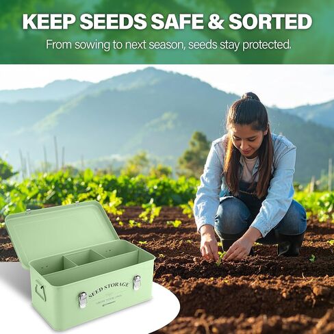 Seed Storage Box Organizer – Green Garden Seeds Tin with Lid, Side Handles, 4 Compartments & Safety Lock – Seed Packet Container for Gardeners – Gardening Gift Idea in Kuwait